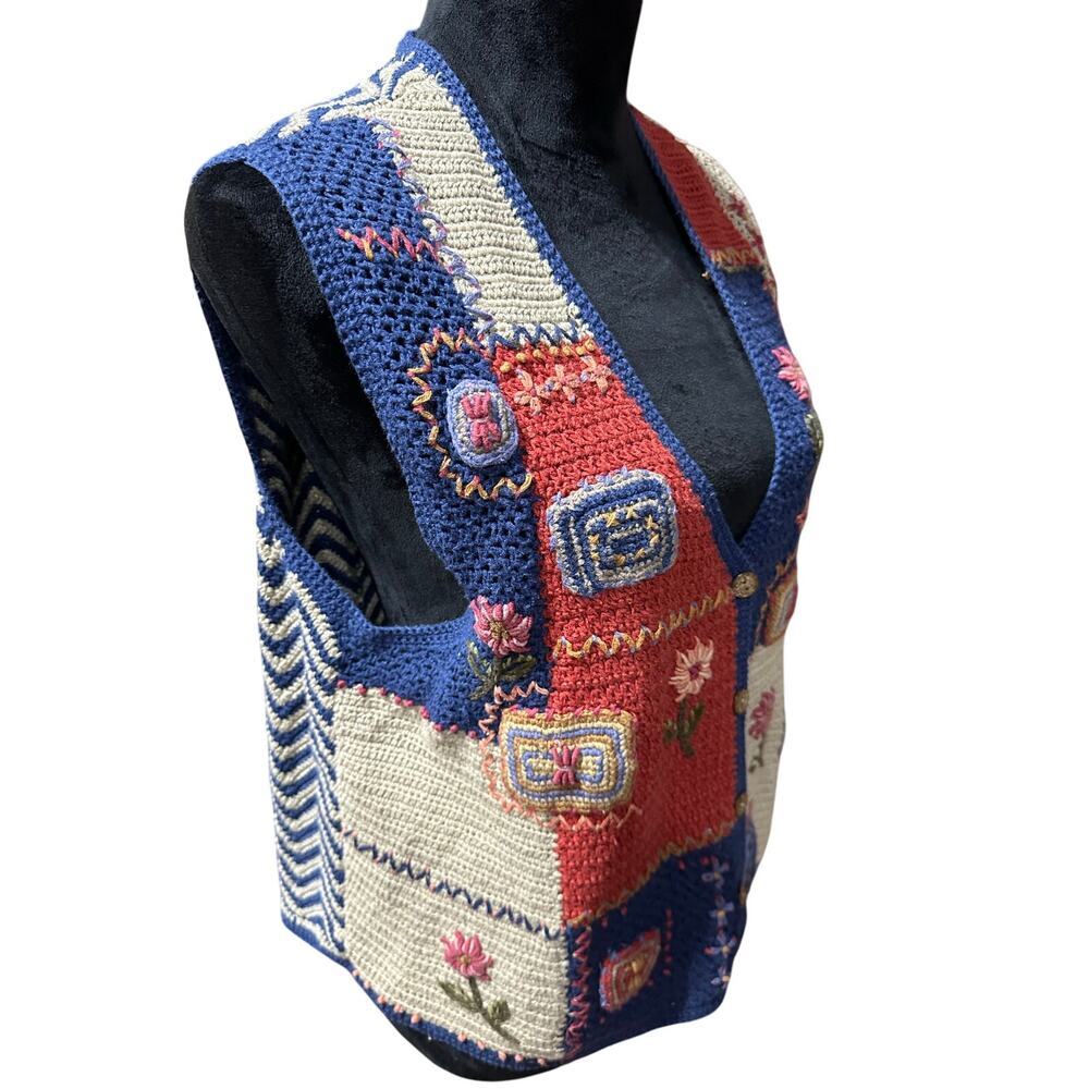 Boho Hand Knit Sweater Vest XL Cottagecore Floral Embroidered Knit Cardigan XL - Picture 4 of 14